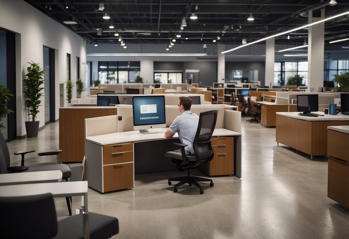 Employees browsing modern desks, chairs, and storage units at Office Furniture Solutions showroom. Bright lighting and sleek designs create a professional atmosphere