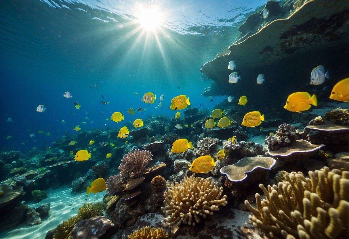 Crystal-clear waters reveal vibrant coral formations and schools of tropical fish. Sunlight dances on the ocean floor, creating a mesmerizing underwater landscape for snorkeling