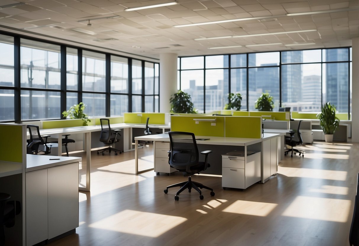 The office space is bathed in natural light, with modern, ergonomic furniture arranged in an open layout. The sleek desks, comfortable chairs, and vibrant decor create a productive and inviting environment