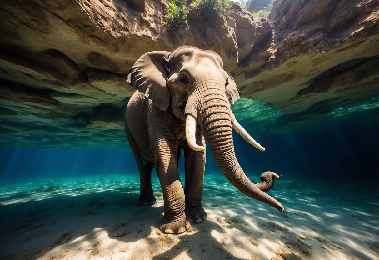 A majestic elephant-shaped rock rises from the crystal clear waters of Thailand's desert snorkeling route. The vibrant coral reefs and colorful marine life create a stunning underwater landscape