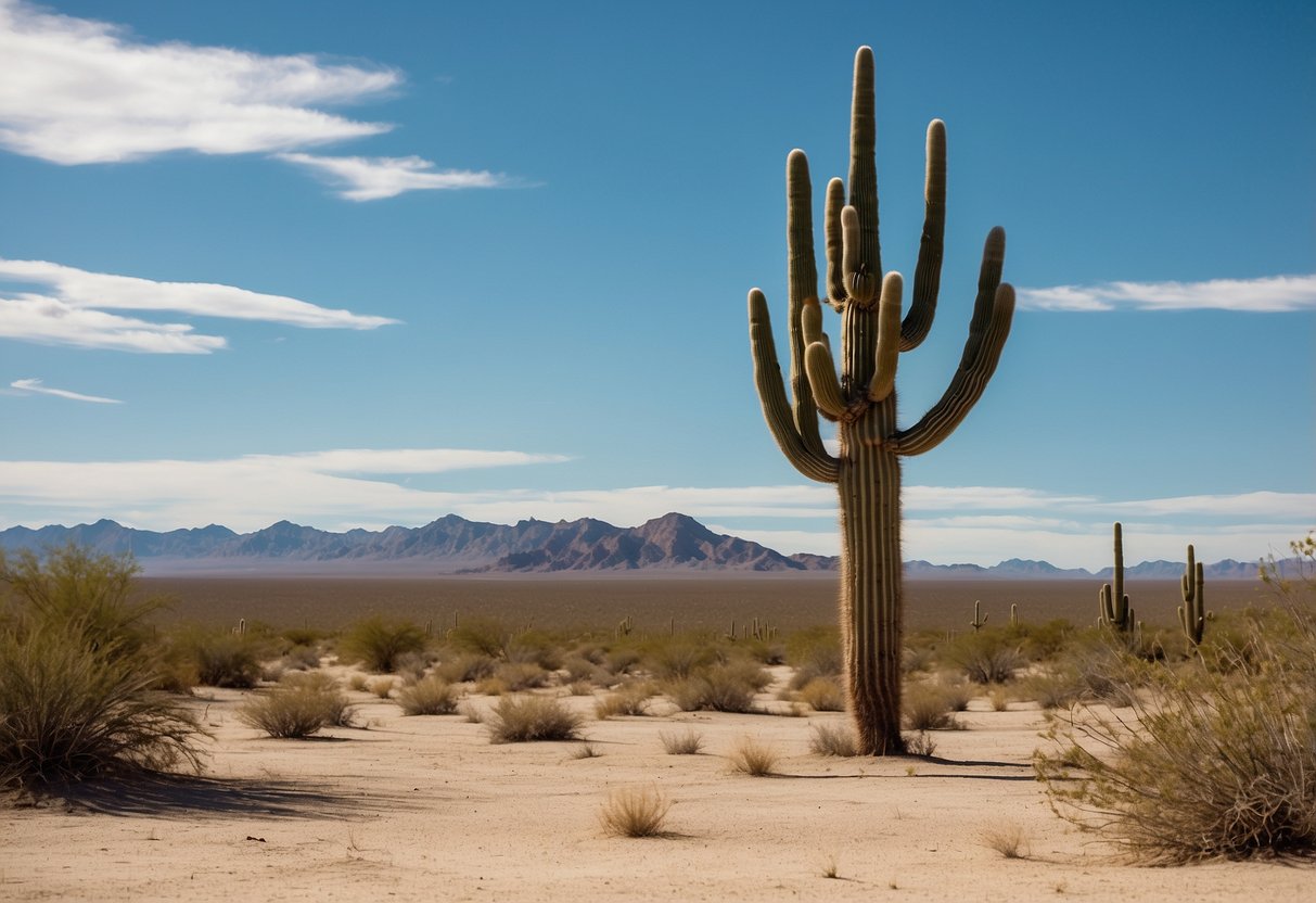 A lone saguaro cactus stands tall in the vast desert landscape, surrounded by rolling sand dunes and a clear blue sky overhead