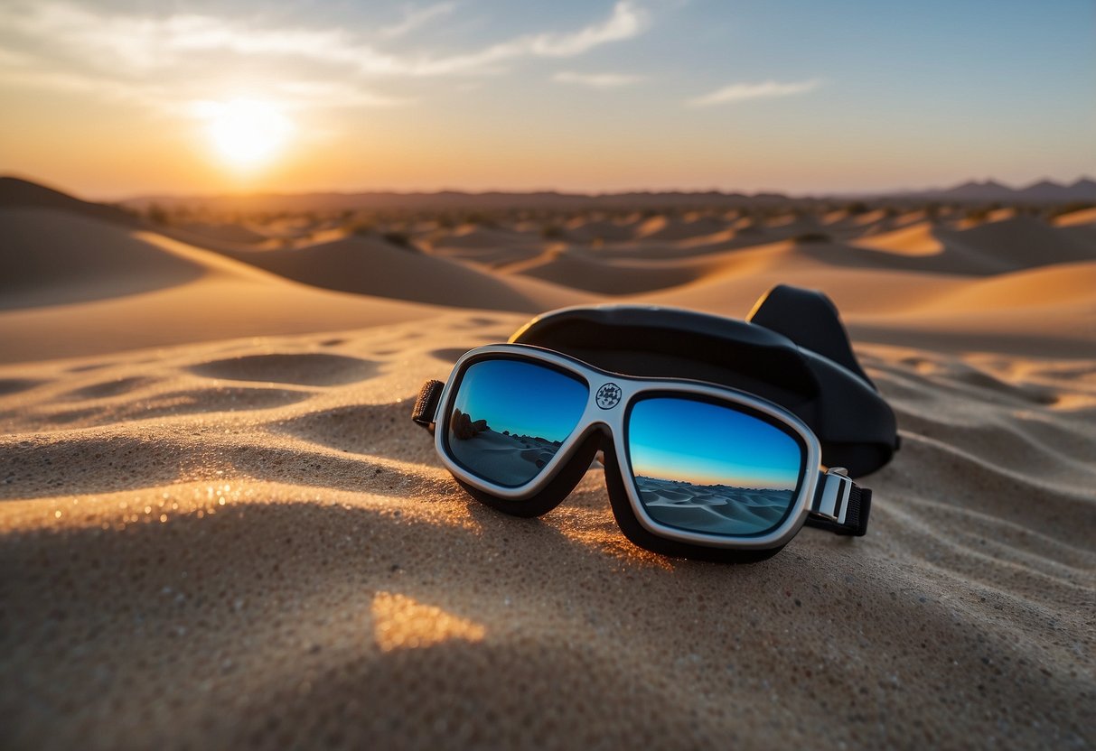 Sunset over a vast desert landscape, with clear blue skies and shimmering sand dunes. Snorkeling gear and safety equipment laid out on a rock, ready for an adventure