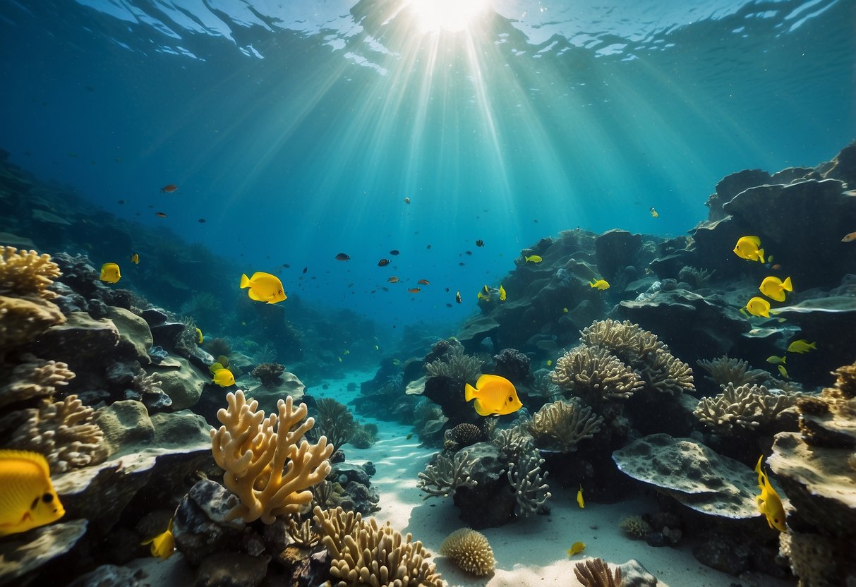 A desert landscape with clear blue water, coral reefs, and diverse marine life. Sunlight filters through the water, highlighting the vibrant colors of fish and other underwater creatures