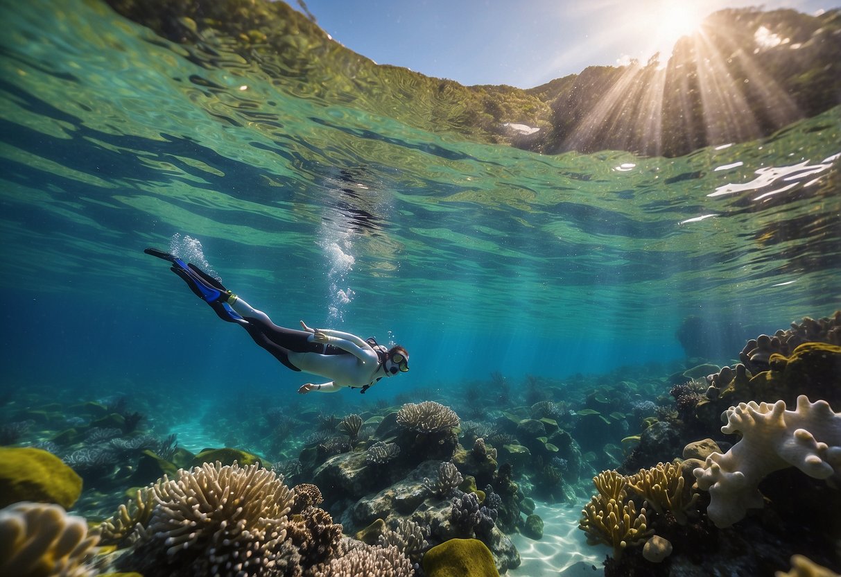 Crystal-clear water, vibrant coral reefs, colorful fish, and a peaceful underwater world. A snorkeler glides effortlessly, taking in the beauty of the ocean