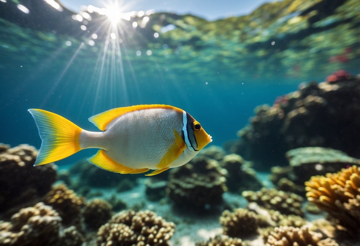 Crystal clear water with colorful fish and coral. A quality mask and snorkel floating on the surface. Sunlight streaming through the water