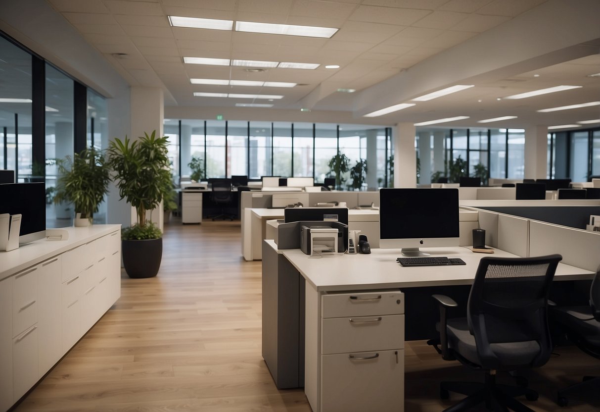 A spacious office showroom filled with modern desks, ergonomic chairs, and sleek filing cabinets. A reception area with a friendly staff member greeting visitors