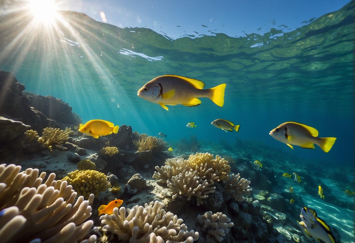 Crystal-clear water, colorful coral, and fish surround a snorkeler practicing deep breathing techniques. The sun shines through the water, creating a serene and peaceful scene