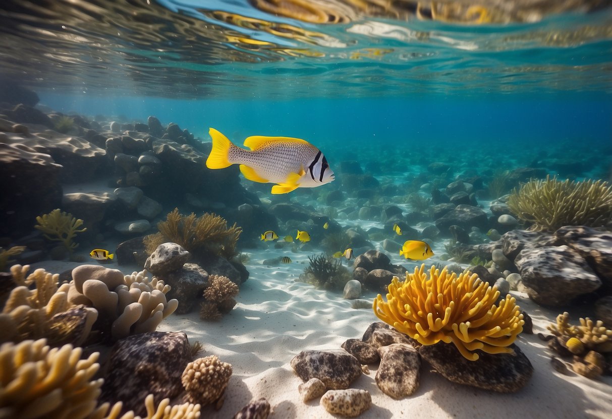 Crystal clear waters with colorful fish and coral. Snorkel, mask, fins, and sunscreen on a sandy beach. A waterproof camera and a guidebook nearby