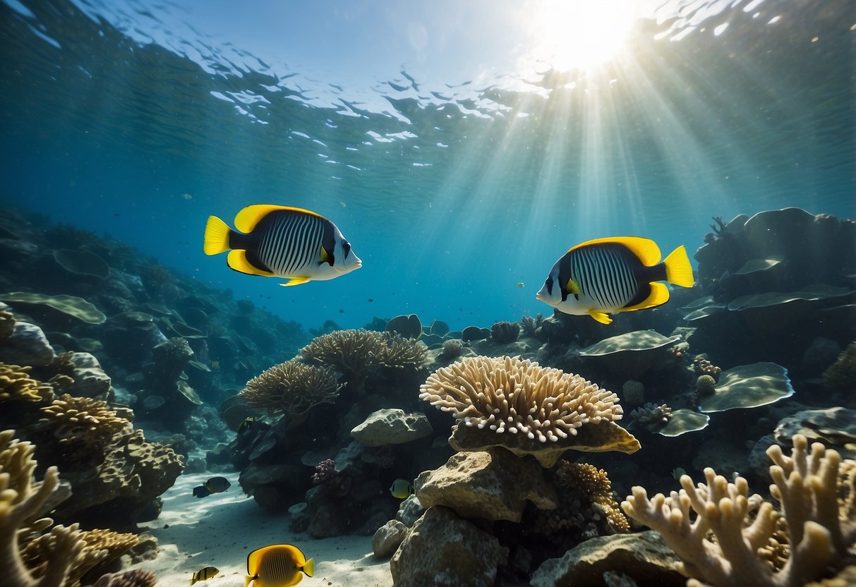 Crystal clear waters reveal colorful coral reefs teeming with vibrant marine life. Sunlight dances through the waves, illuminating schools of tropical fish and graceful sea turtles