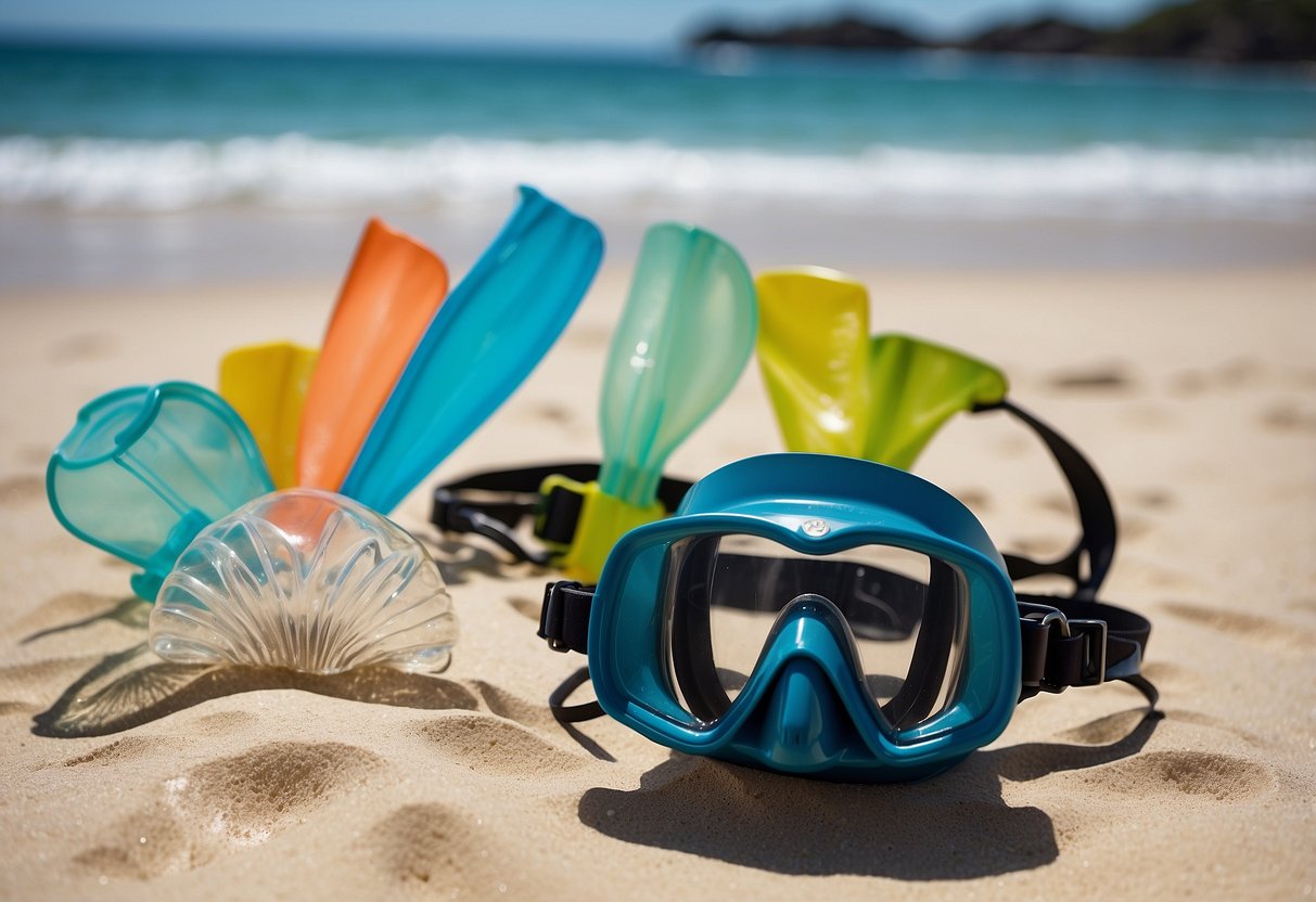 Crystal clear ocean water surrounds colorful snorkeling gear on a sandy beach. Five hydration systems sit neatly arranged, ready for an adventure