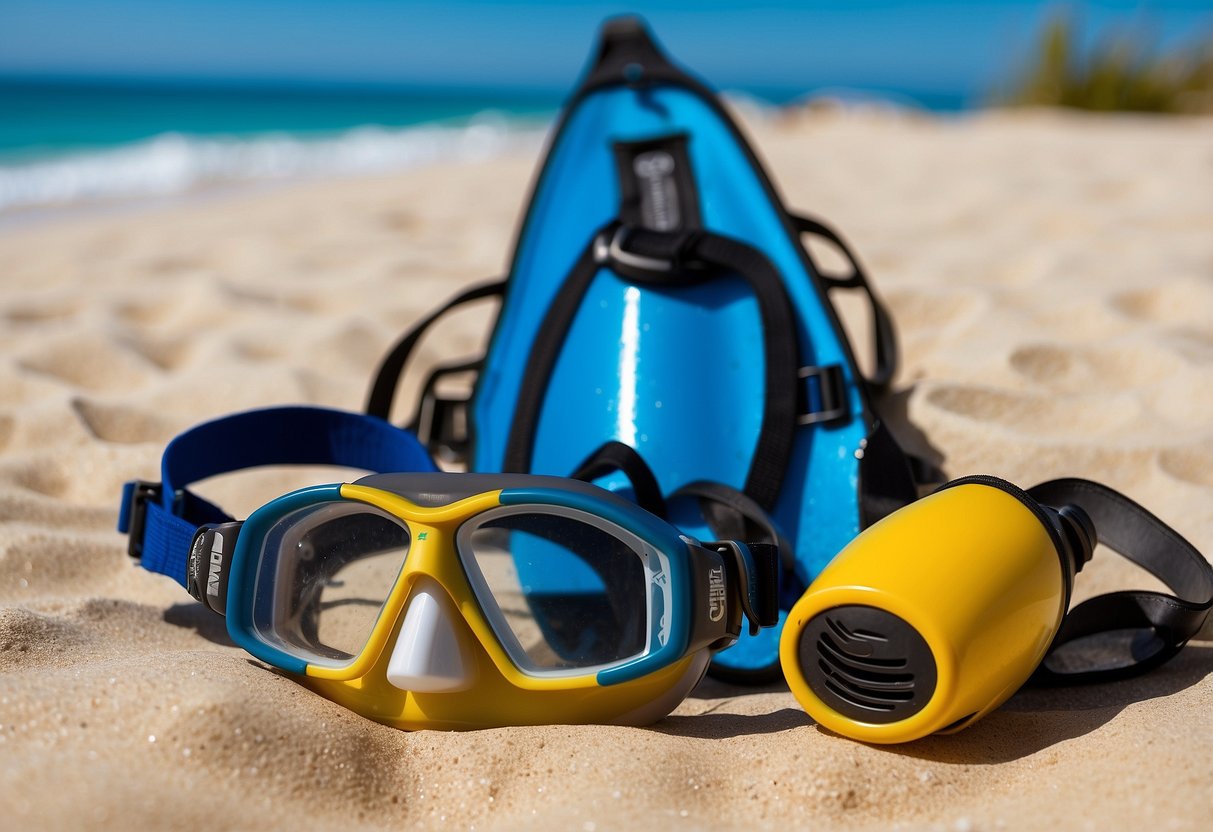 A snorkeler's gear laid out on a sandy beach: CamelBak UnBottle, snorkel, mask, fins, and sunscreen. Crystal clear water and colorful fish in the background