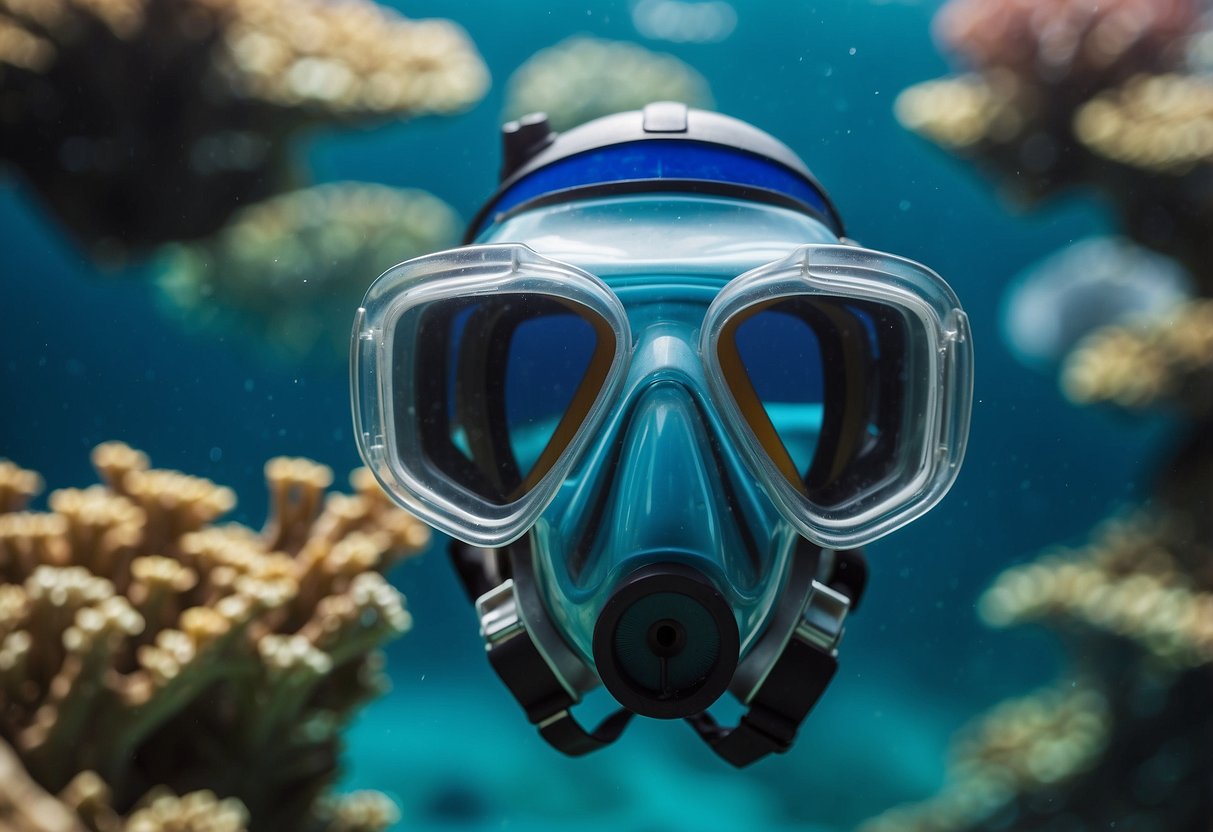 A clear blue snorkeling mask hovers over a sleek Osprey Hydraulics Reservoir, surrounded by colorful fish and coral