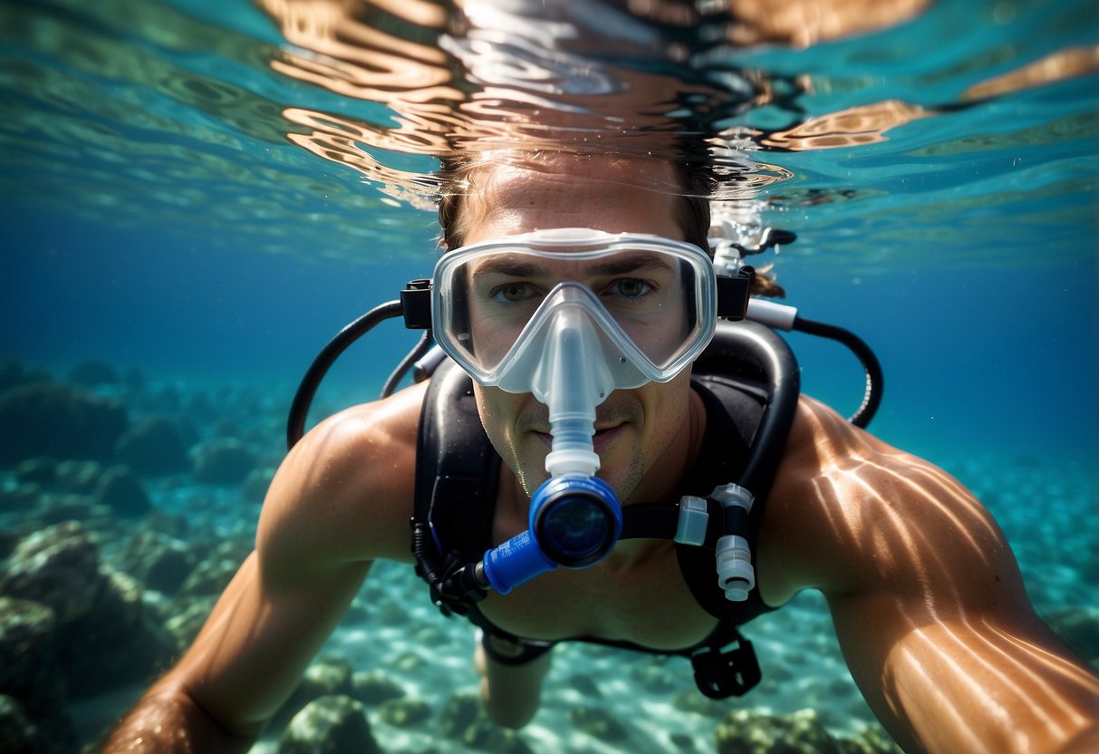 Crystal clear waters surround a snorkeler with a hydration system attached to their gear. The system includes a flexible tube and a mouthpiece for easy access to water while exploring the underwater world