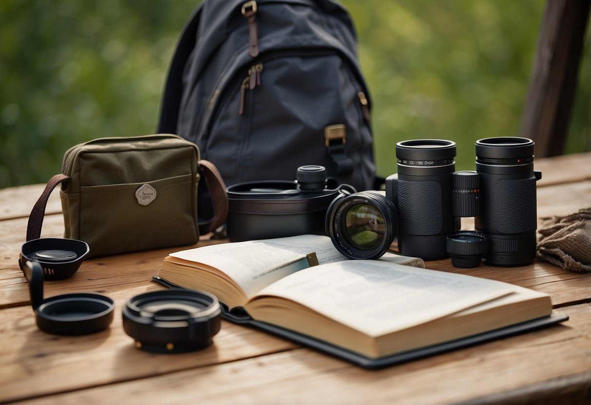 Binoculars, field guide, notebook, and pen lay on a wooden table. A camera with a telephoto lens sits nearby. A backpack and water bottle are ready for a day of bird watching