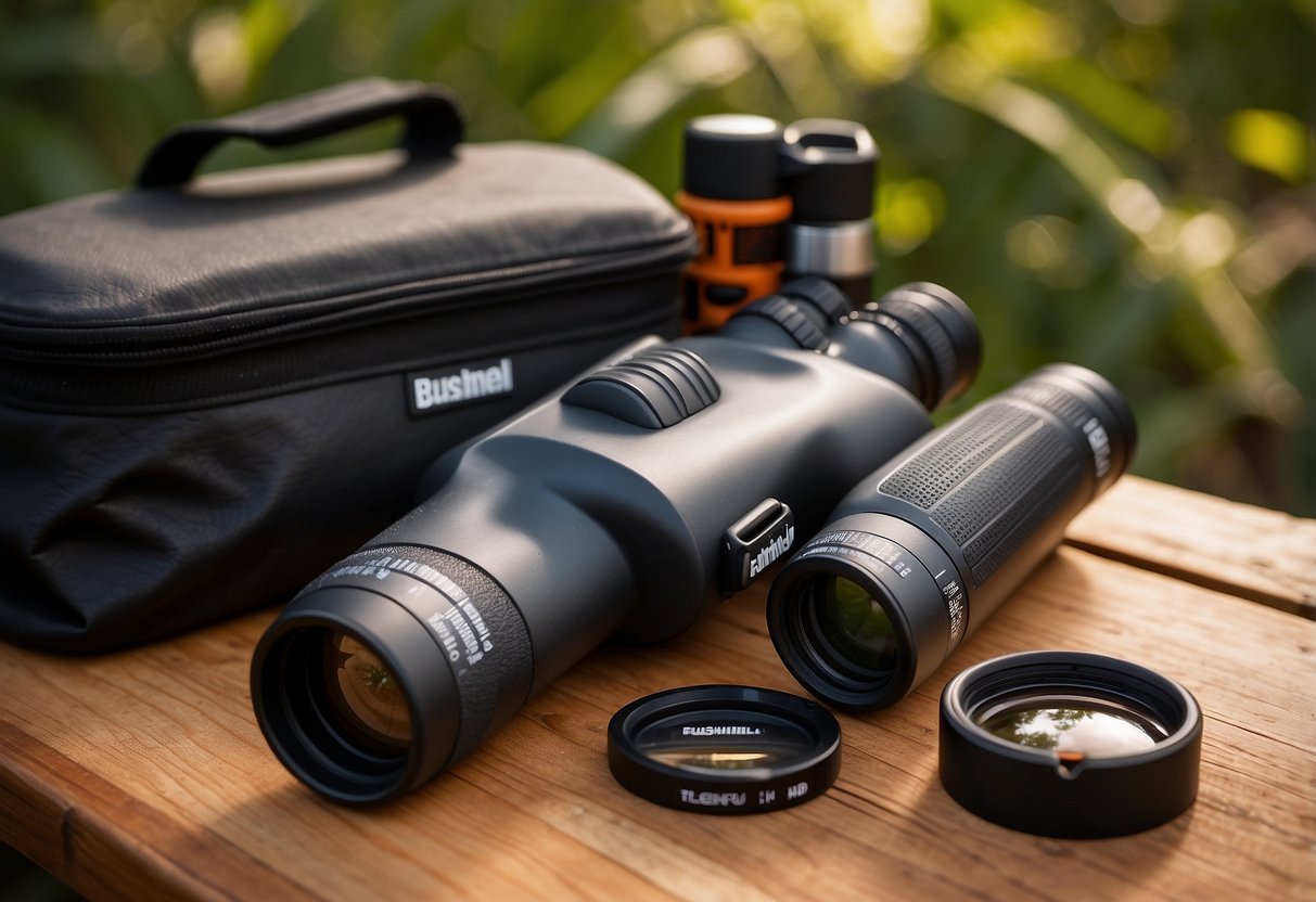 A pair of Bushnell Legend Ultra HD Binoculars sits atop a wooden table surrounded by essential gear items for beginner bird watchers