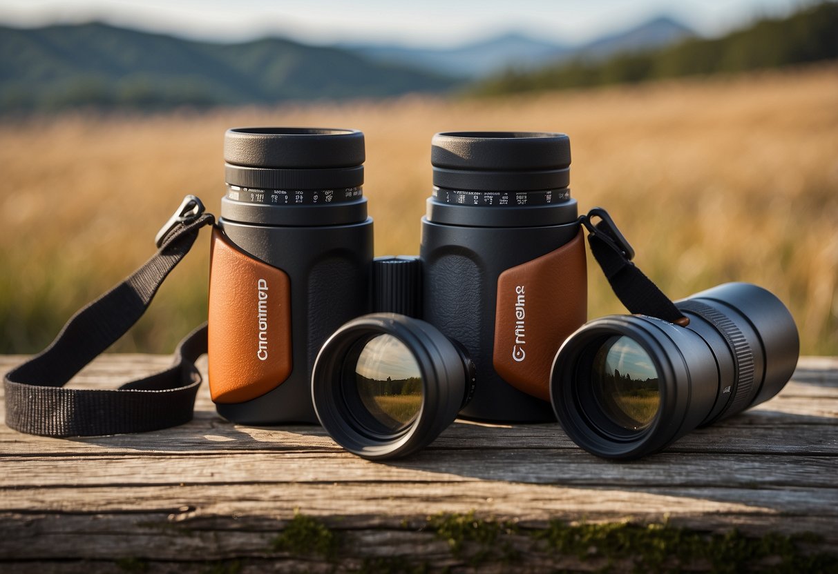 A pair of Celestron Nature DX 8x42 binoculars sits on a rustic wooden table surrounded by essential bird watching gear. The binoculars are positioned next to a field guide, a notebook, and a pair of comfortable hiking boots