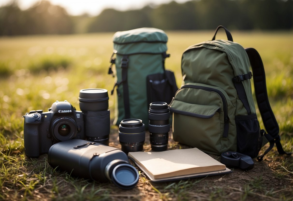 A bird watcher's backpack open on the ground, with binoculars, a field guide, a notepad, and a camera laid out neatly. A bird feeder and a water bottle sit nearby