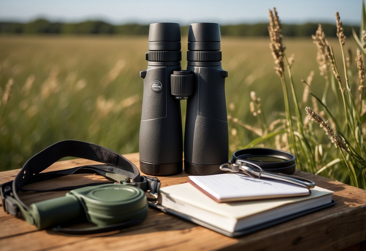 A pair of Zhumell 12x70 Astronomy Binoculars sits atop a sturdy tripod, surrounded by a field guide, notebook, and other essential bird watching gear