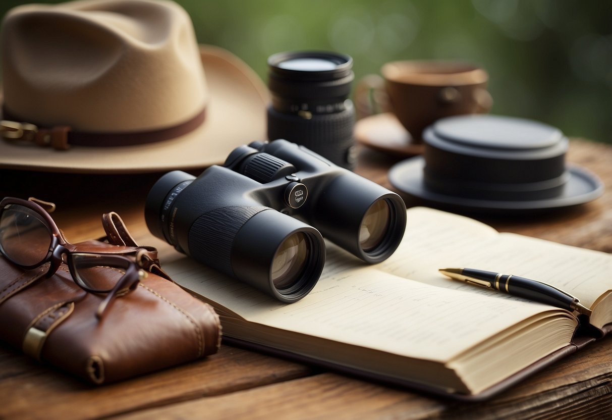 A pair of binoculars, a field guide, a notebook, and a pen lay on a wooden table. A camera with a zoom lens sits nearby, along with a sturdy backpack and a wide-brimmed hat