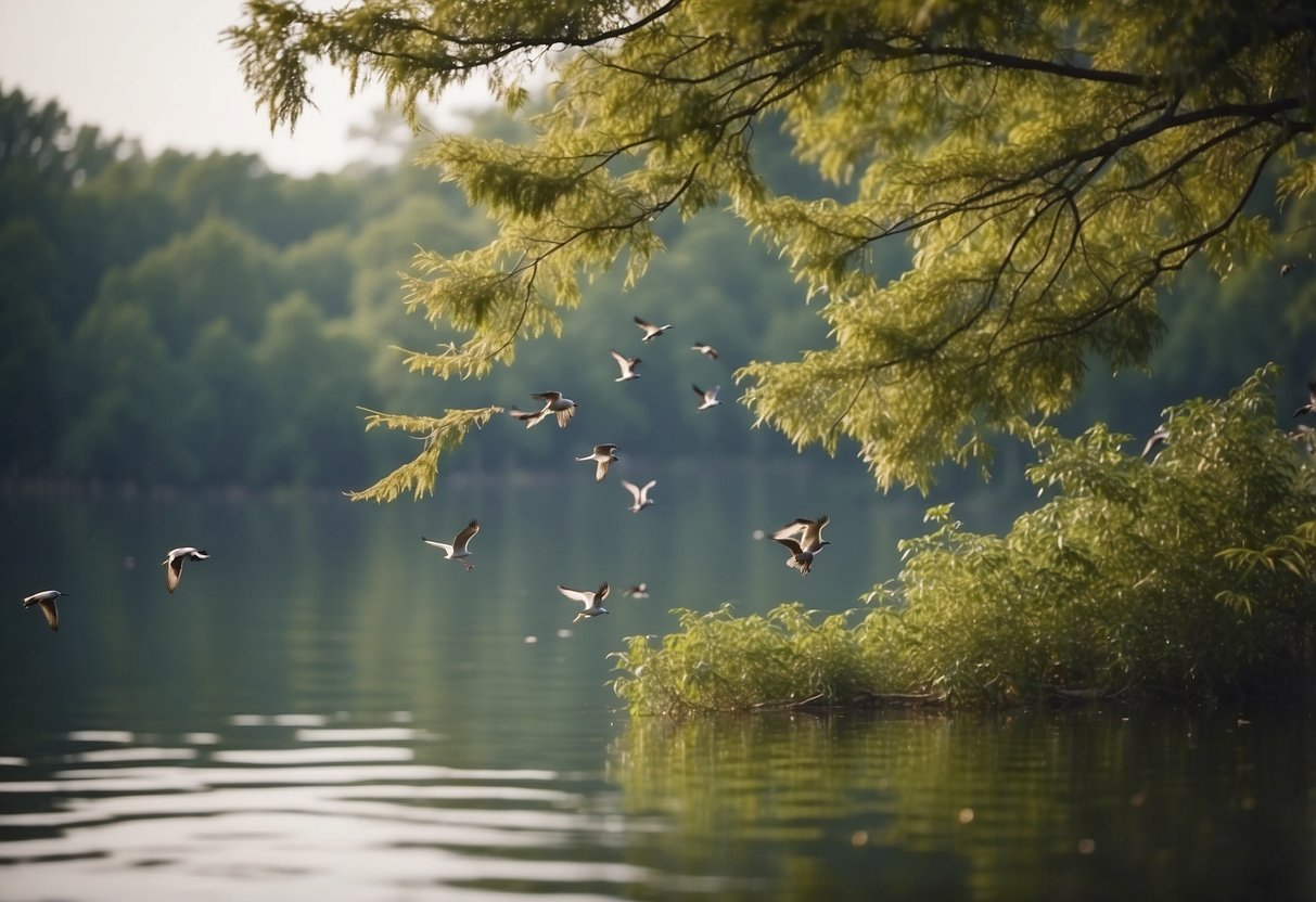 Birds flocking in lush trees, a serene lake reflecting the sky, colorful feathers fluttering in the breeze