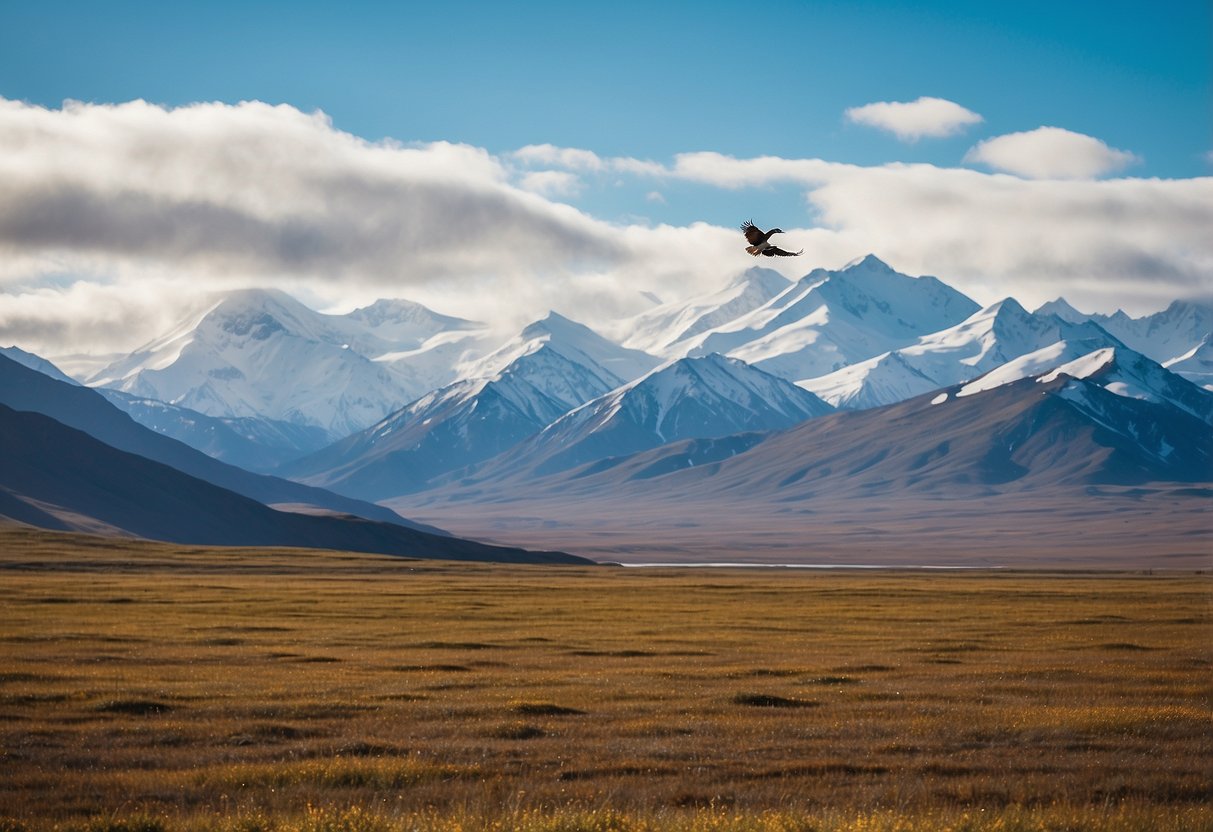 A wide, open expanse of tundra stretches out beneath the towering peaks of Denali National Park. Colorful birds flit and soar through the crisp mountain air, while the distant snow-capped mountains provide a stunning backdrop