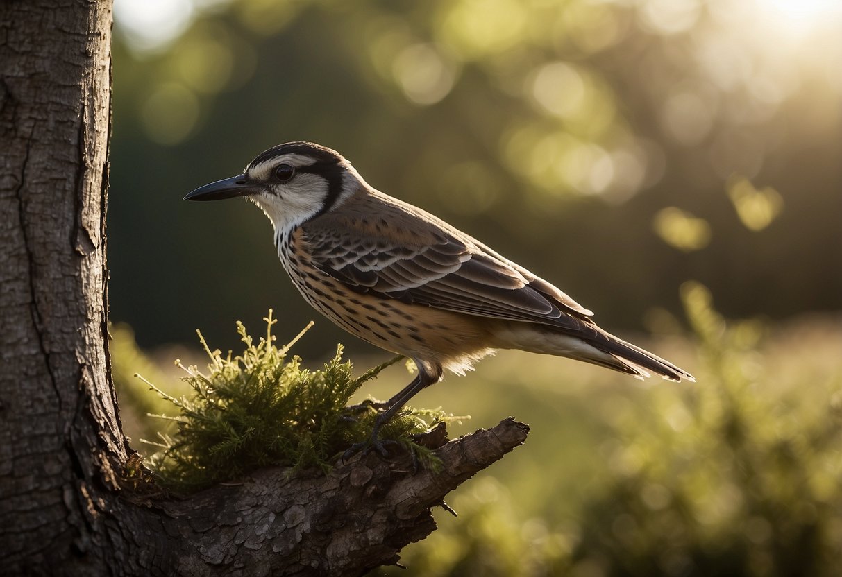 Birds perched in trees, flying overhead, and feeding on the ground. Binoculars and a field guide nearby. Peaceful natural setting with diverse bird species