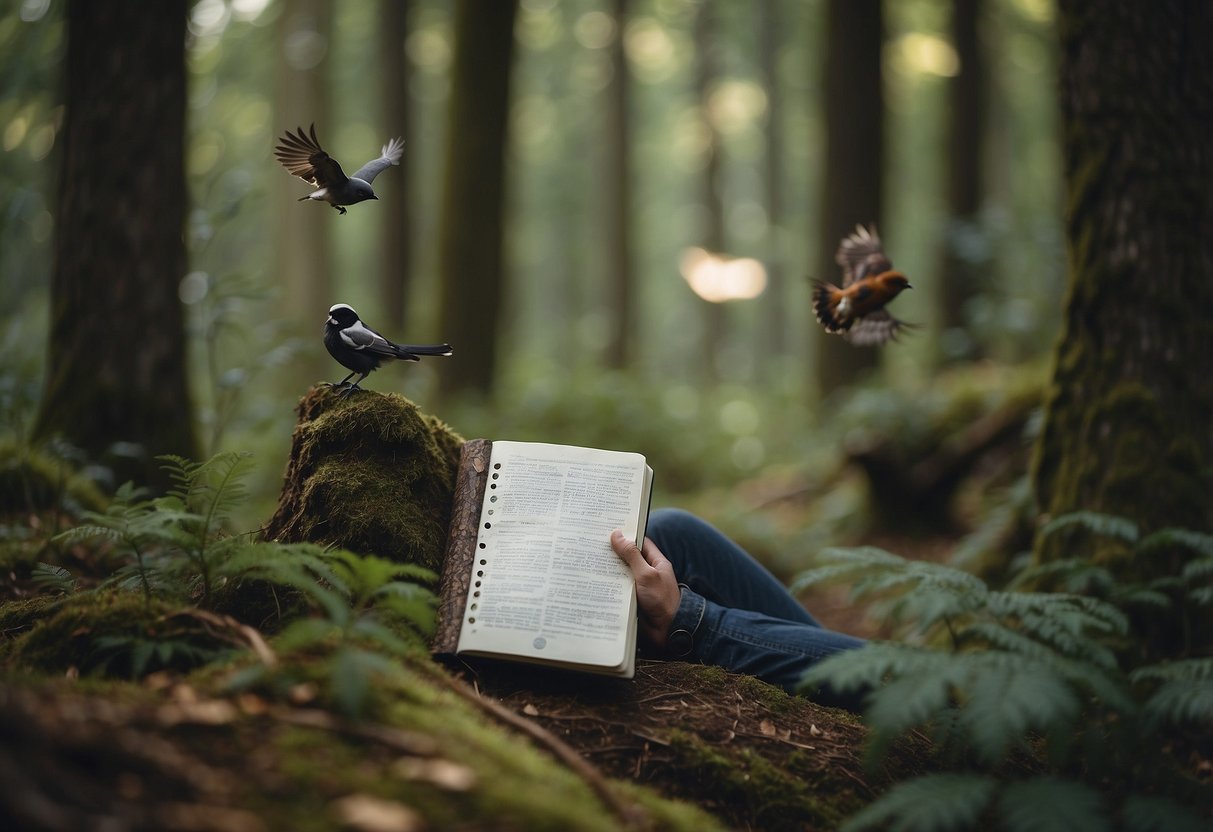 A person sits in a peaceful forest, surrounded by trees and wildlife. They hold a detailed birding journal, carefully observing and sketching the various bird species they see