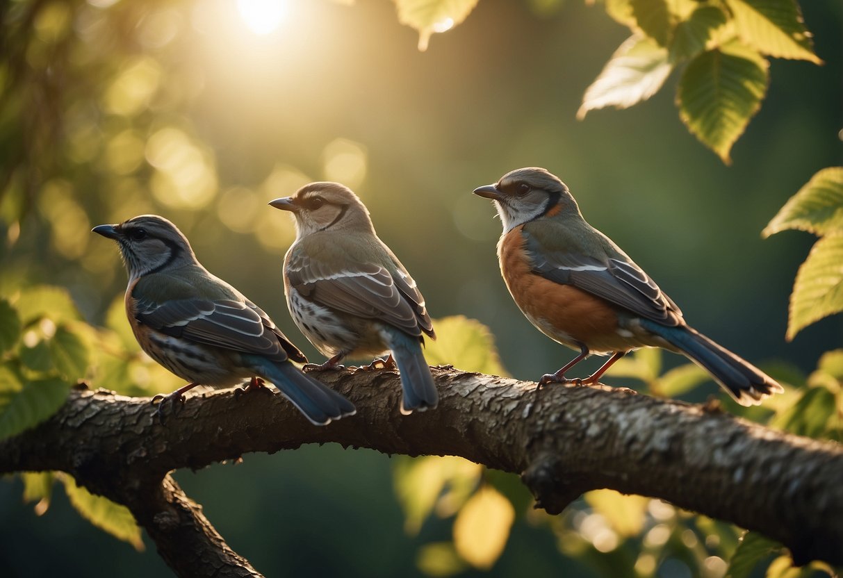 Bird watching group meets in a park. Members use binoculars. Trees and bushes surround them. Birds perch on branches. Sun shines through leaves