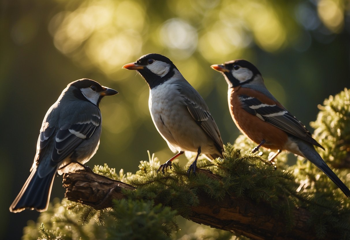 Birds perched in trees, foraging on the ground, and flying in flocks. Some birds are singing, while others are preening their feathers. The sky is clear, and the sun is shining, providing optimal lighting for observing bird behavior