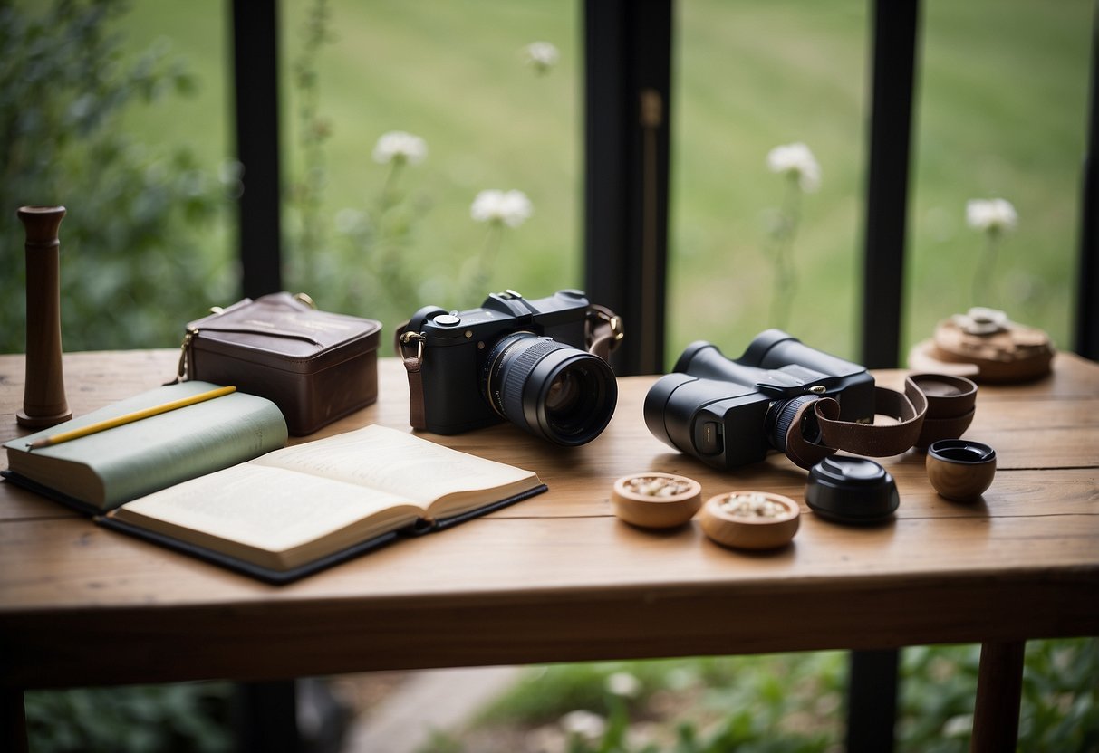 A table with binoculars, a field guide, a notebook, and a camera. A bird feeder outside the window with various birds feeding