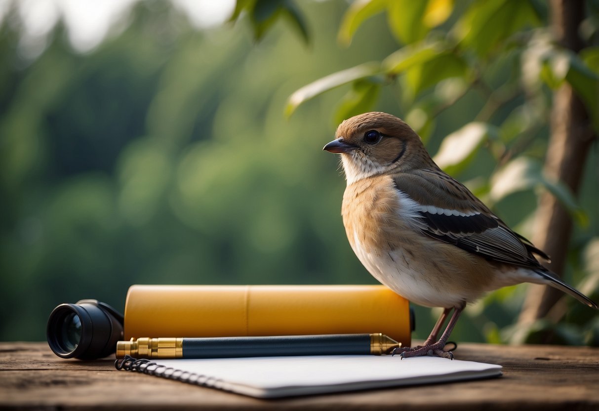 Birdwatching tips: binoculars focused on a colorful bird perched on a tree branch, notebook and pencil in hand, surrounded by nature