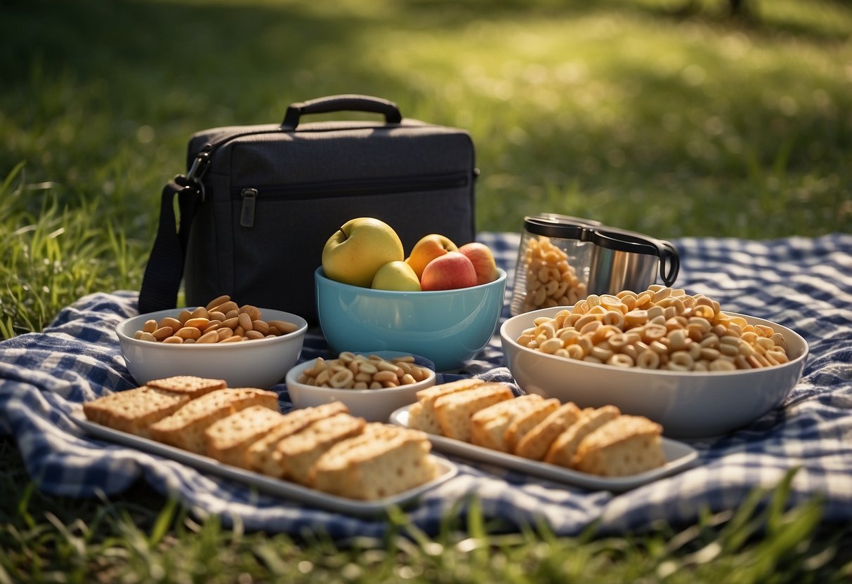 A picnic blanket spread with assorted snacks, surrounded by trees and bird feeders, with binoculars and a field guide nearby