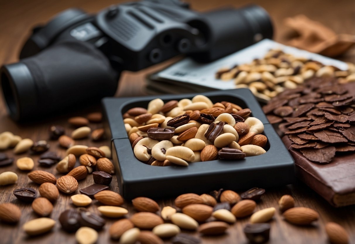 A bag of trail mix spills open, revealing a mix of nuts, seeds, and dark chocolate chunks. A pair of binoculars and a bird guidebook sit nearby