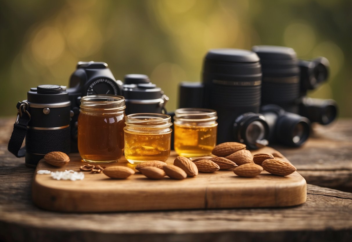 A group of honey-roasted almonds arranged on a rustic wooden board surrounded by bird watching gear and a pair of binoculars