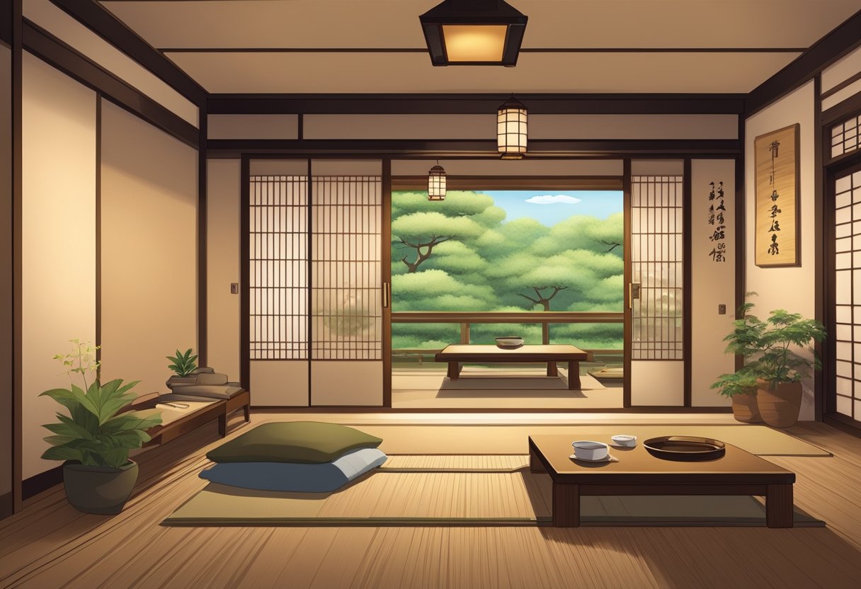 A cozy ryokan with tatami floors, sliding doors, and warm lighting. Traditional decor and a serene atmosphere create a comfortable setting