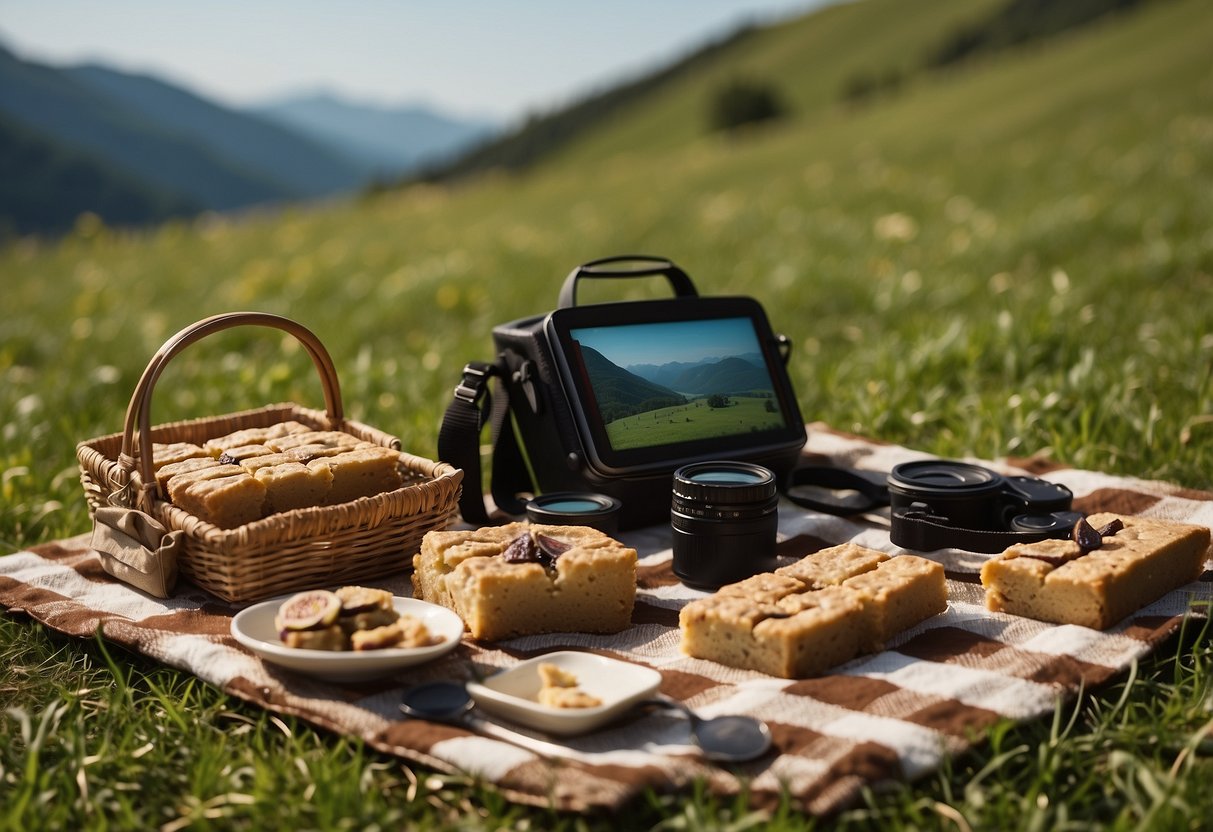 A table with a variety of fig bars, a pair of binoculars, and a field guide to birds laid out on a checkered picnic blanket in a lush green meadow