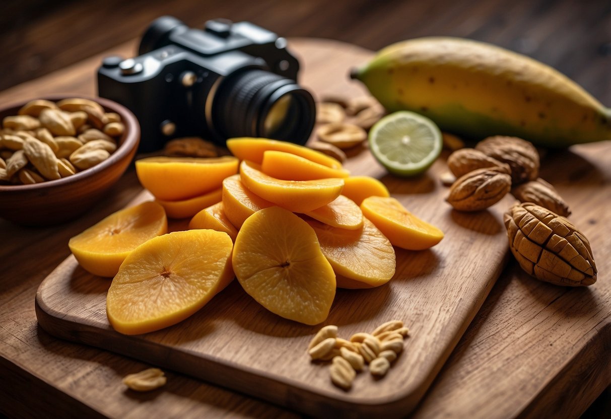 A pile of dried mango slices arranged on a wooden cutting board, surrounded by a variety of other snacks, with a pair of binoculars and a bird guidebook nearby