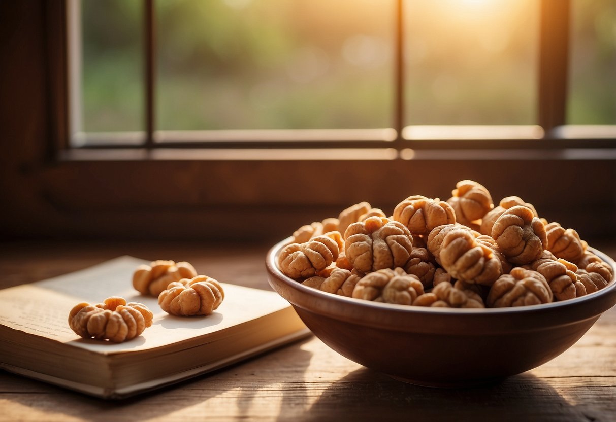 A small bowl filled with peanut butter pretzel nuggets sits on a rustic wooden table next to a pair of binoculars and a field guide book. The sun shines through a nearby window, casting a warm glow on the snacks