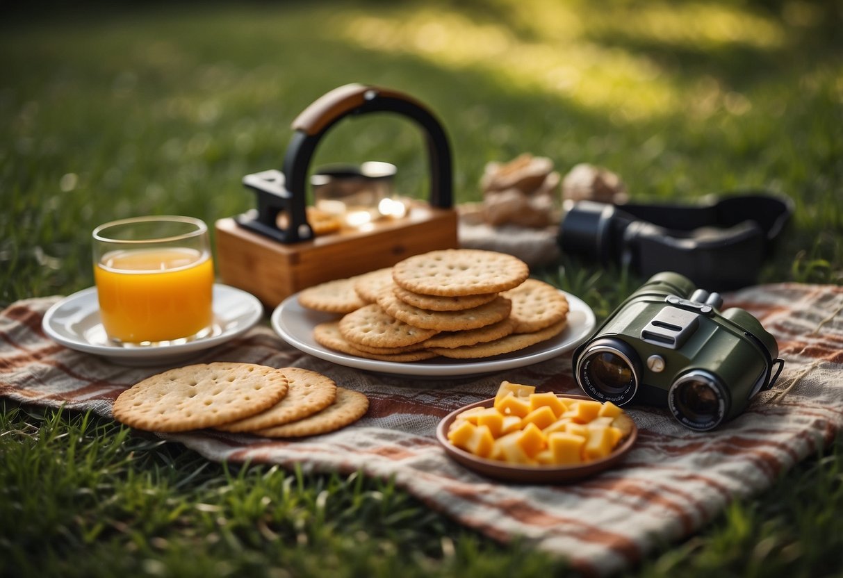 A picnic blanket spread out on the grass, surrounded by trees and bird feeders. A variety of cheddar cheese crackers arranged on a plate, with a pair of binoculars and a field guide nearby