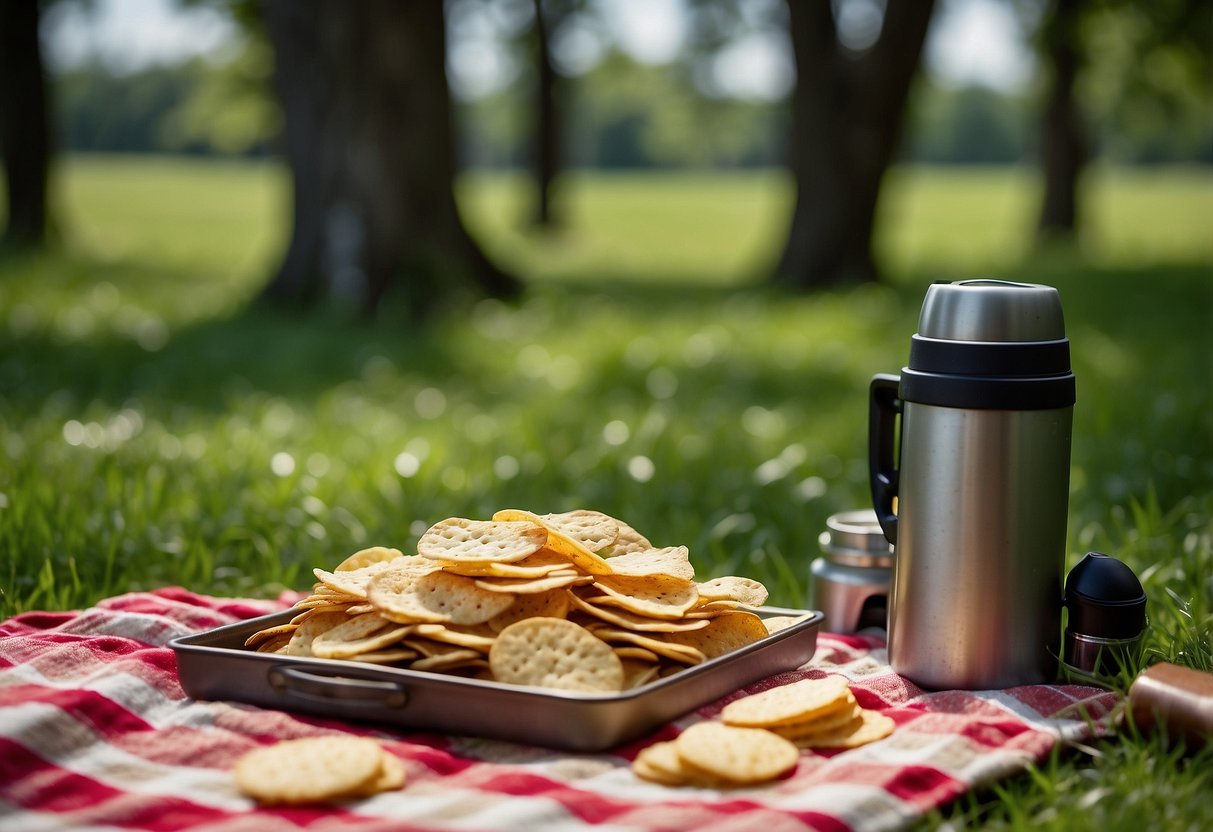 A picnic blanket laid out in a lush green meadow, scattered with apple chips, a thermos of tea, and binoculars. A variety of birds flit and chirp in the background