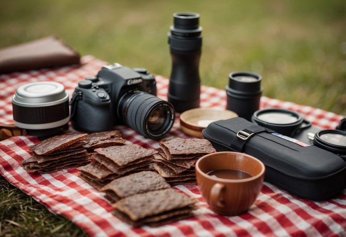 A variety of beef jerky packs arranged on a checkered picnic blanket surrounded by binoculars, bird identification books, and a thermos of coffee