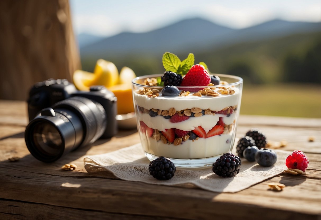 A glass parfait dish filled with layers of Greek yogurt, granola, and fresh berries, placed on a rustic wooden table with binoculars and a field guide nearby