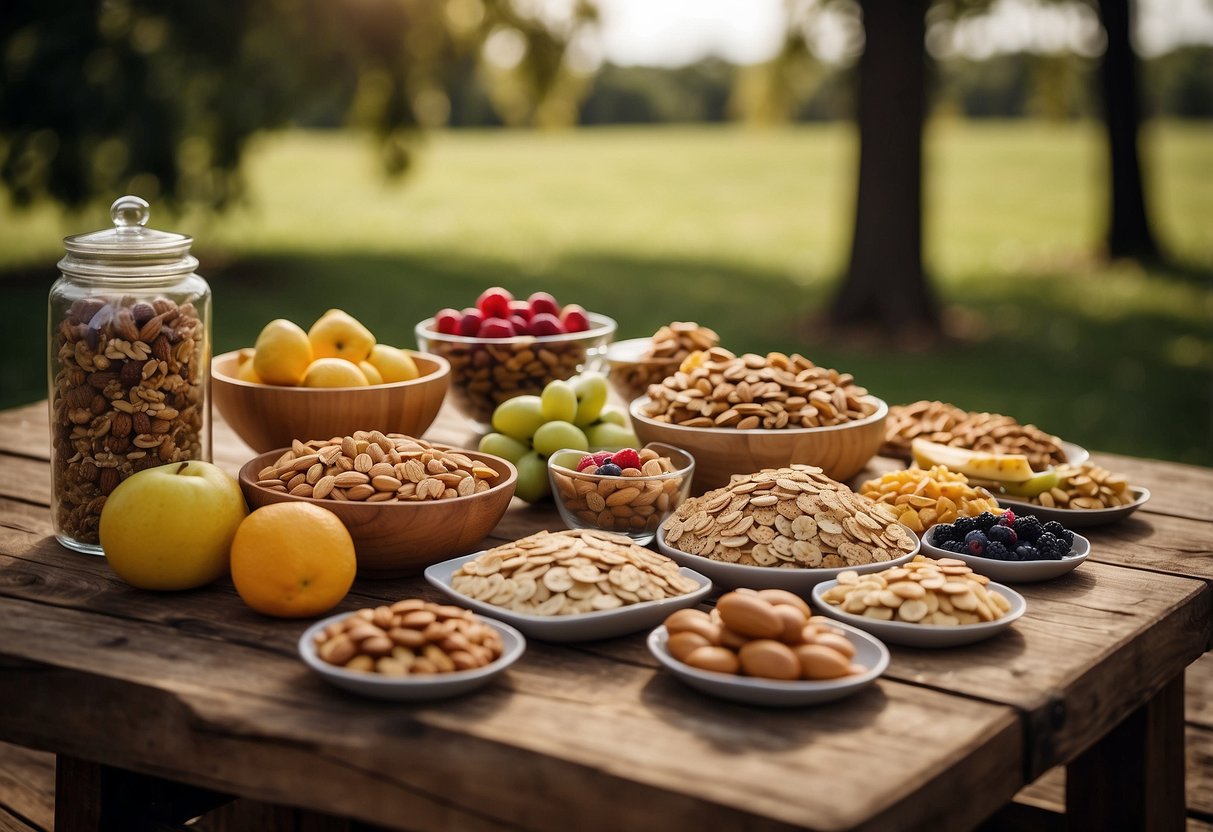 A variety of healthy snacks arranged on a wooden picnic table, with a backdrop of trees and birds in the distance. The snacks include fruits, nuts, and granola bars, showcasing their nutritional benefits for a bird watching trip