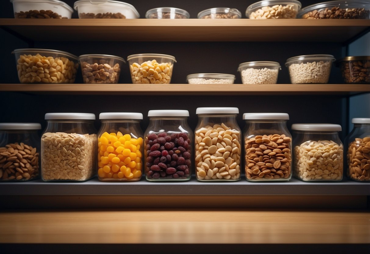 Various snacks are neatly organized in airtight containers on a shelf. A bag of trail mix, a box of granola bars, and a container of dried fruit are all visible