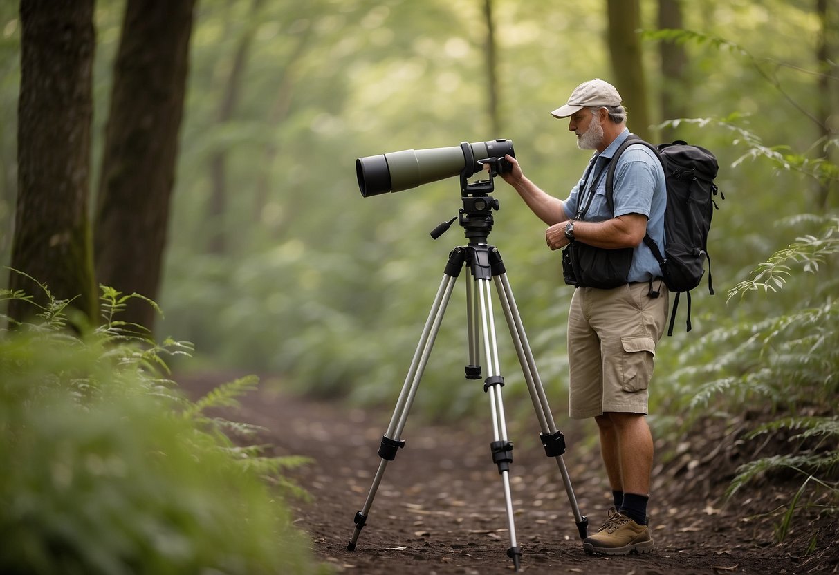 A bird watcher sets up a sturdy tripod, wears neutral colors, and carries binoculars. They position themselves in a secluded area, keeping a safe distance from wildlife. A checklist of safety tips is visible in the background