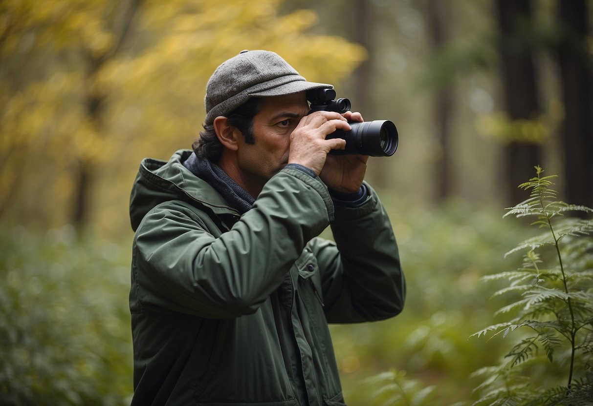 A lone birdwatcher stands in a clearing, binoculars raised to their eyes. Surrounding trees and foliage create a sense of seclusion, while the bright colors of the watcher's clothing ensure visibility