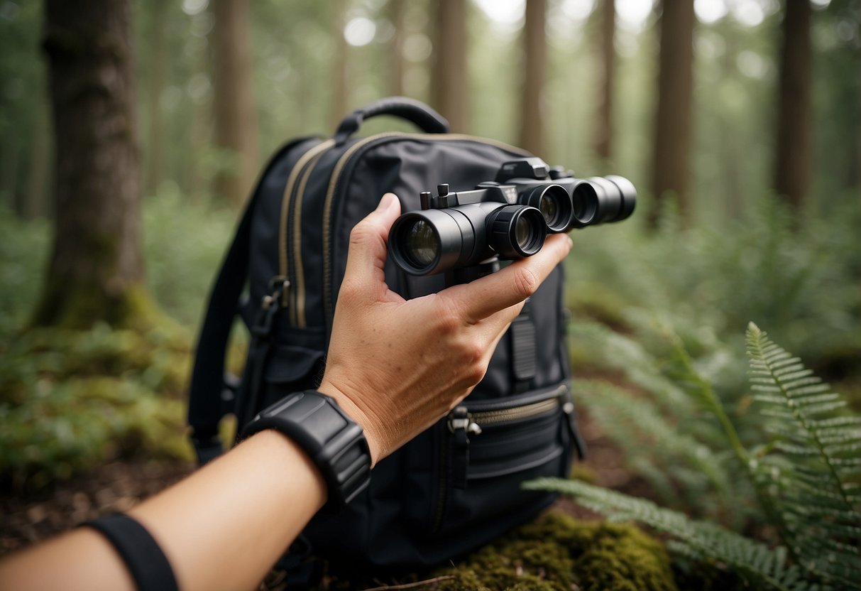 A person's hand holding a whistle, surrounded by binoculars, a field guide, and a backpack. A serene forest setting with birds flying and perched on branches