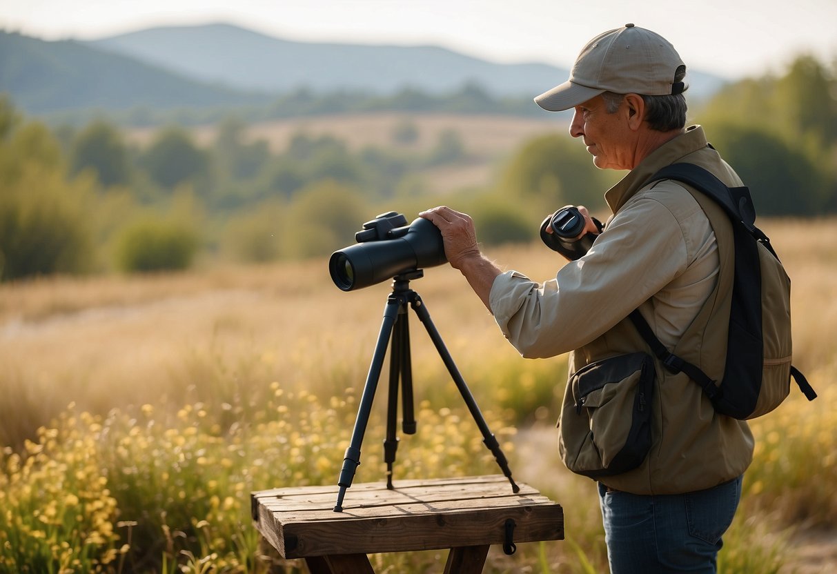 A birdwatcher sets up binoculars, water, and a field guide on a peaceful, sunlit trail. Nearby, a bird feeder attracts a variety of colorful birds