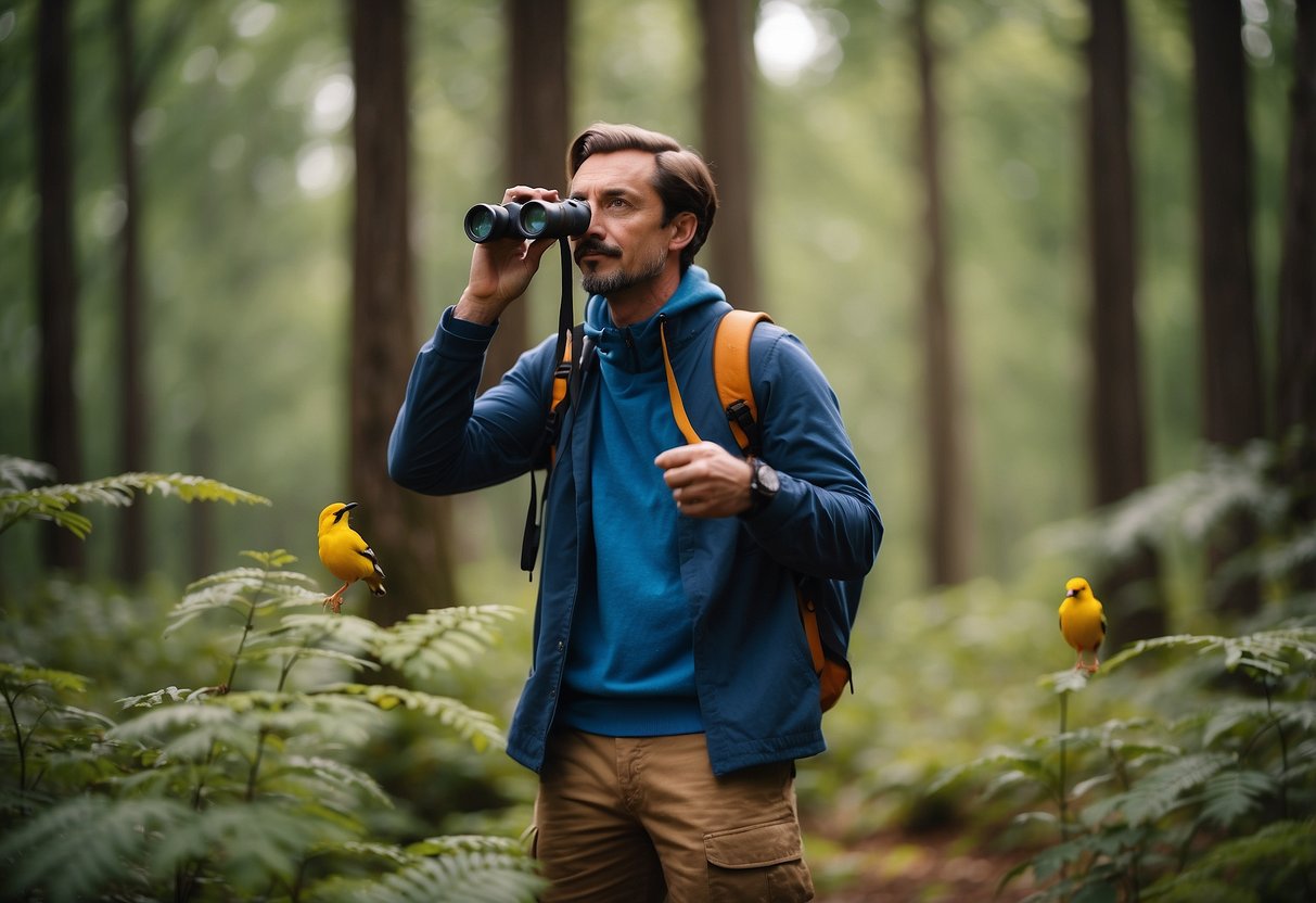 A figure in outdoor gear stands in a forest, binoculars in hand. Nearby, a bird feeder attracts colorful birds. The figure is surrounded by trees and foliage, with a clear sky overhead