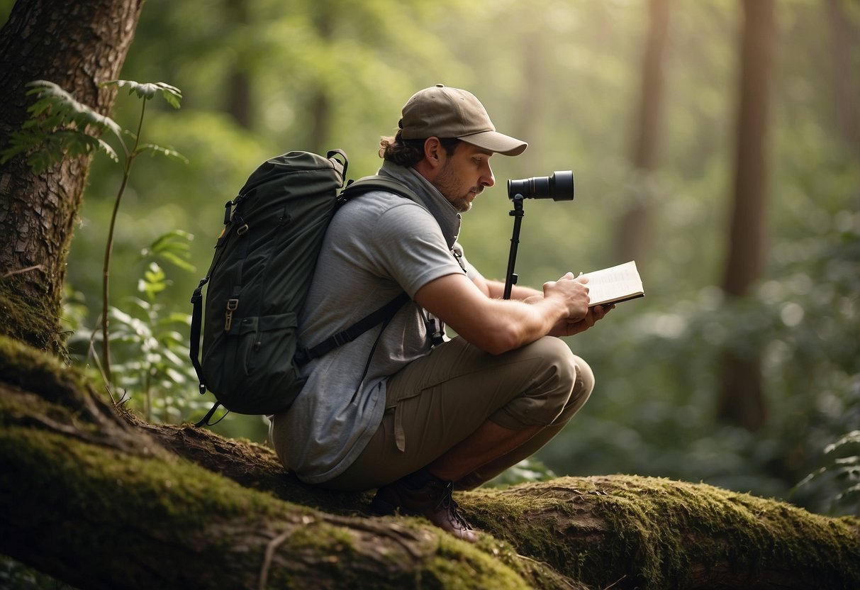 A person sets up a bird watching spot in a secluded area, with a backpack, binoculars, and a notebook. They check their surroundings for potential hazards and notify someone of their plans before beginning their solo bird watching adventure